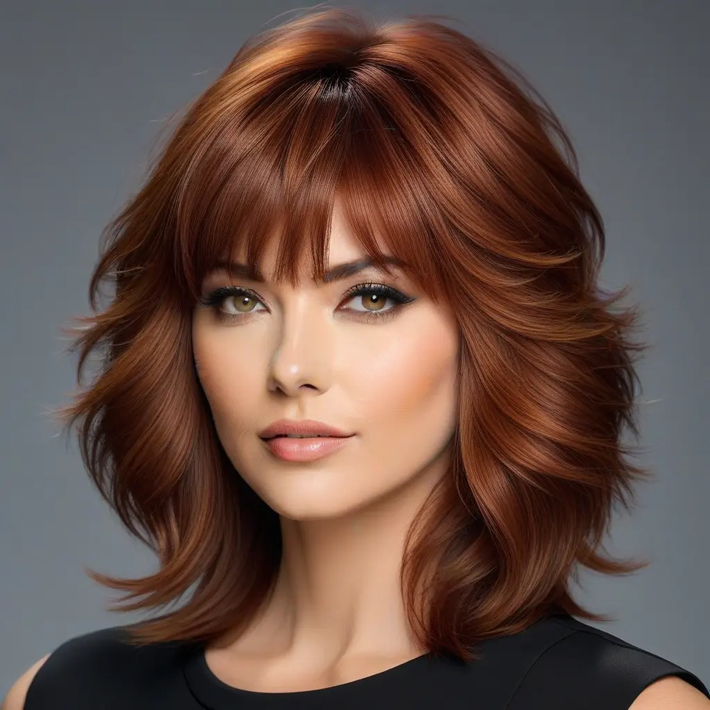 Auburn Wolf Cut With Feathered Curtain Bangs