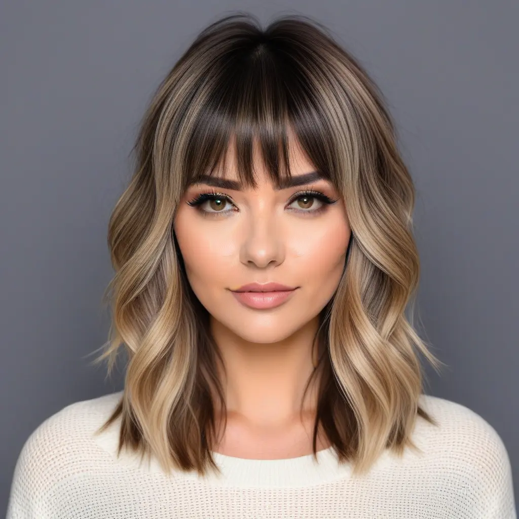 Balayage Wavy Wolf Cut with Fringe Bangs
