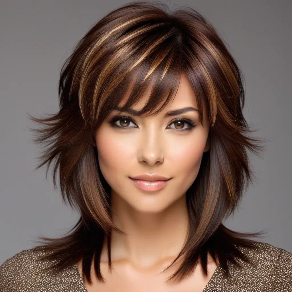 Caramel Highlights on Wavy Wolf Cut with Bangs