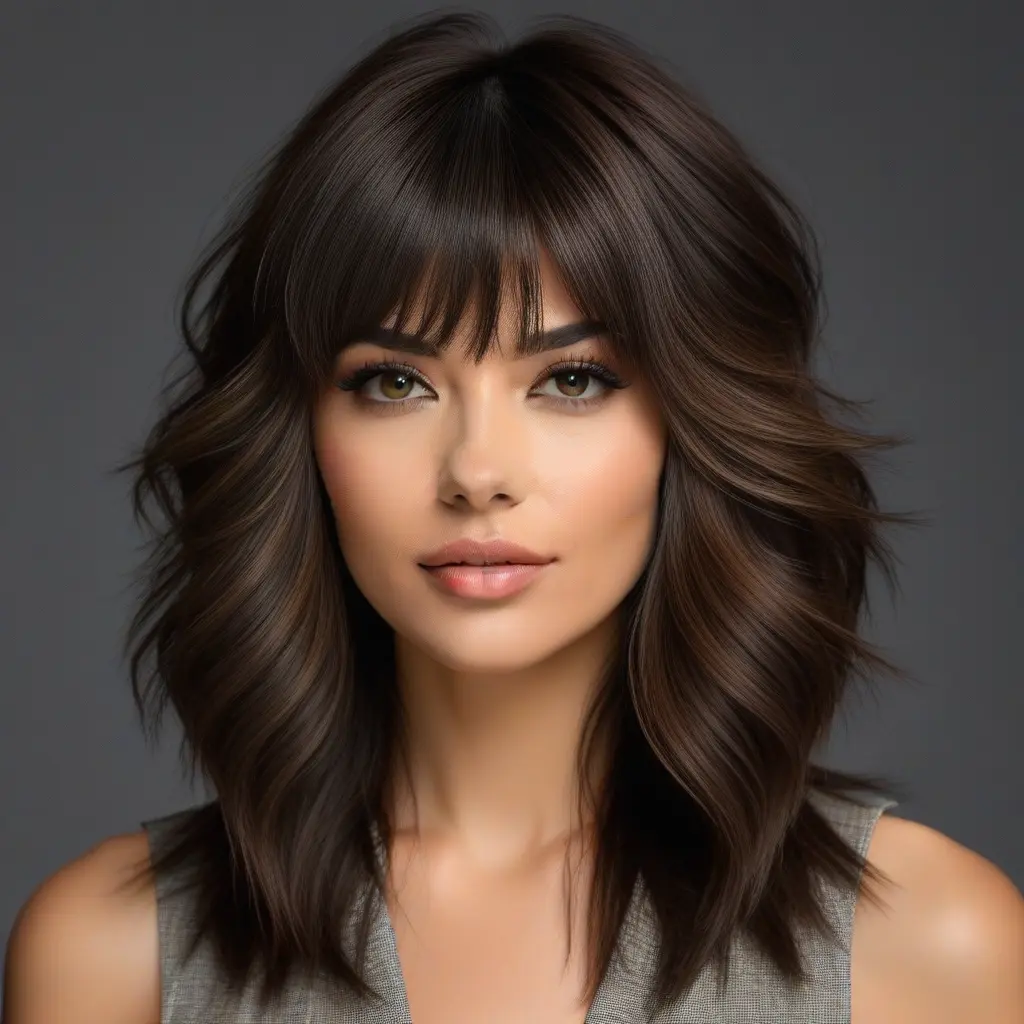 Dimensional Brunette Wolf Cut With Curtain Bangs