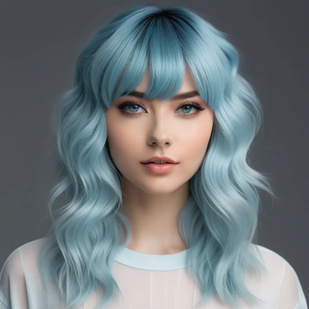 Icy Blue Wavy Wolf Cut with Airy Bangs