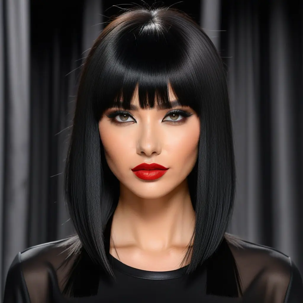 Jet Black Wolf Cut With Sharp Curtain Bangs