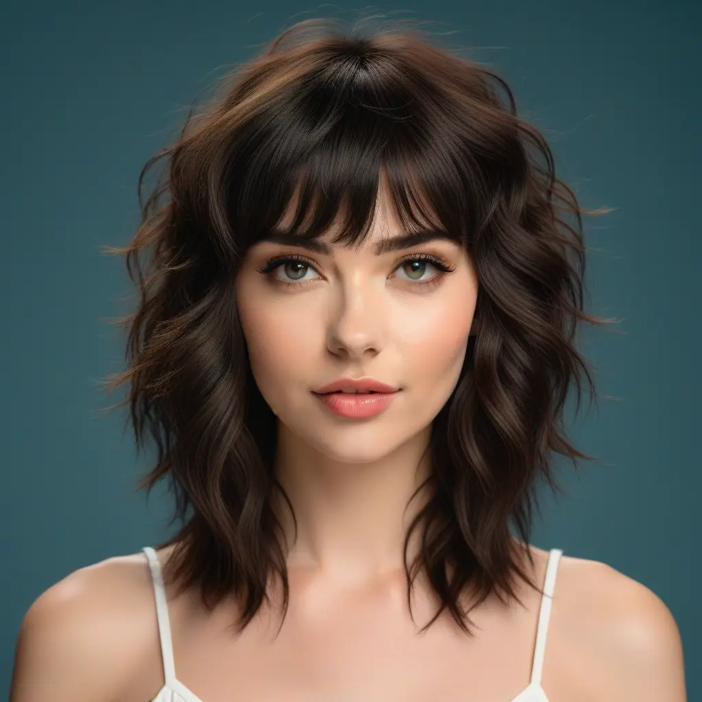 Shoulder-Length Wavy Wolf Cut with Baby Bangs