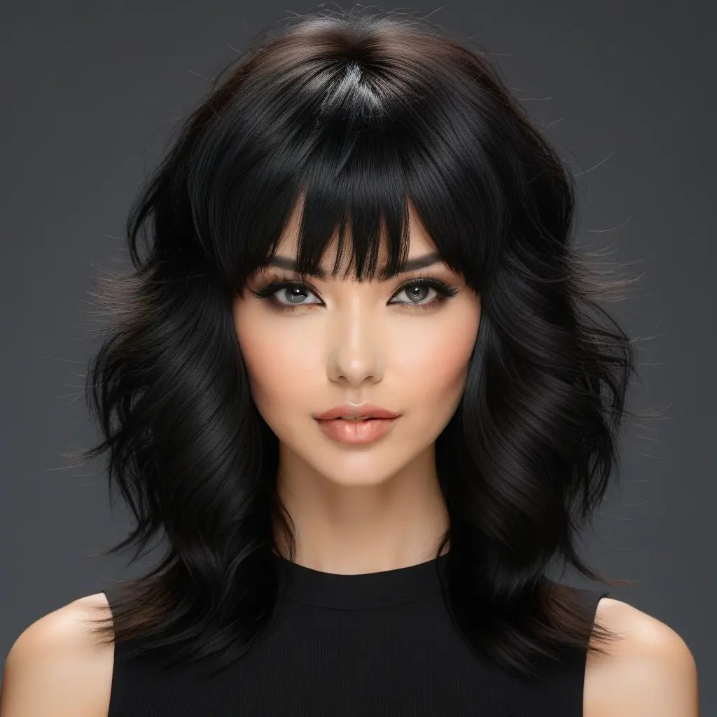 Textured Black Wolf Cut with Face-Framing Bangs