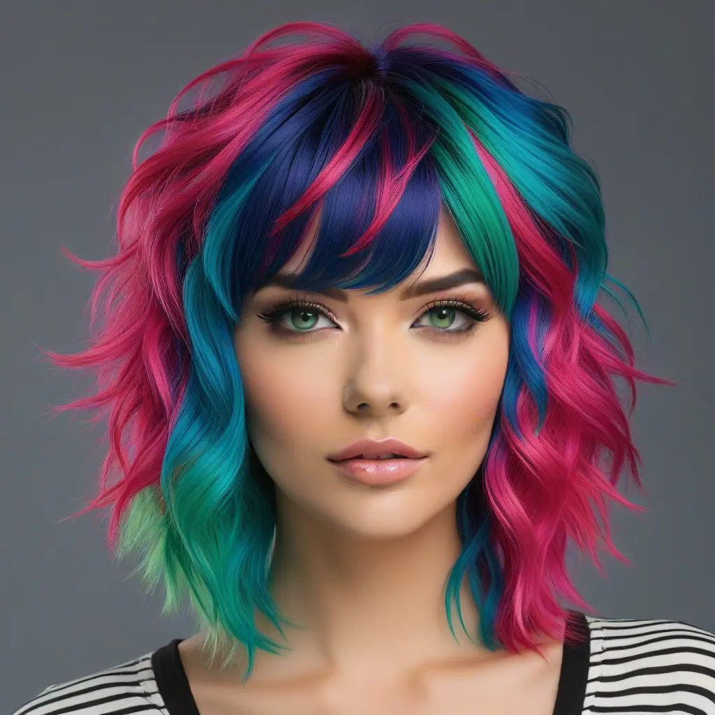 Wavy Wolf Cut with Colored Bangs