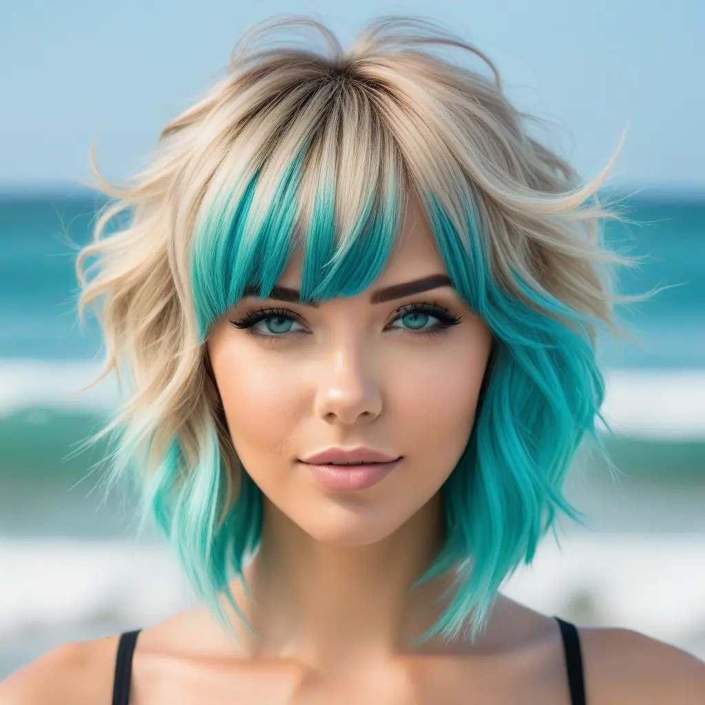 Aqua Bangs on Sandy Blonde Wolf Cut Aqua Bangs on Sandy Blonde Wolf Cut