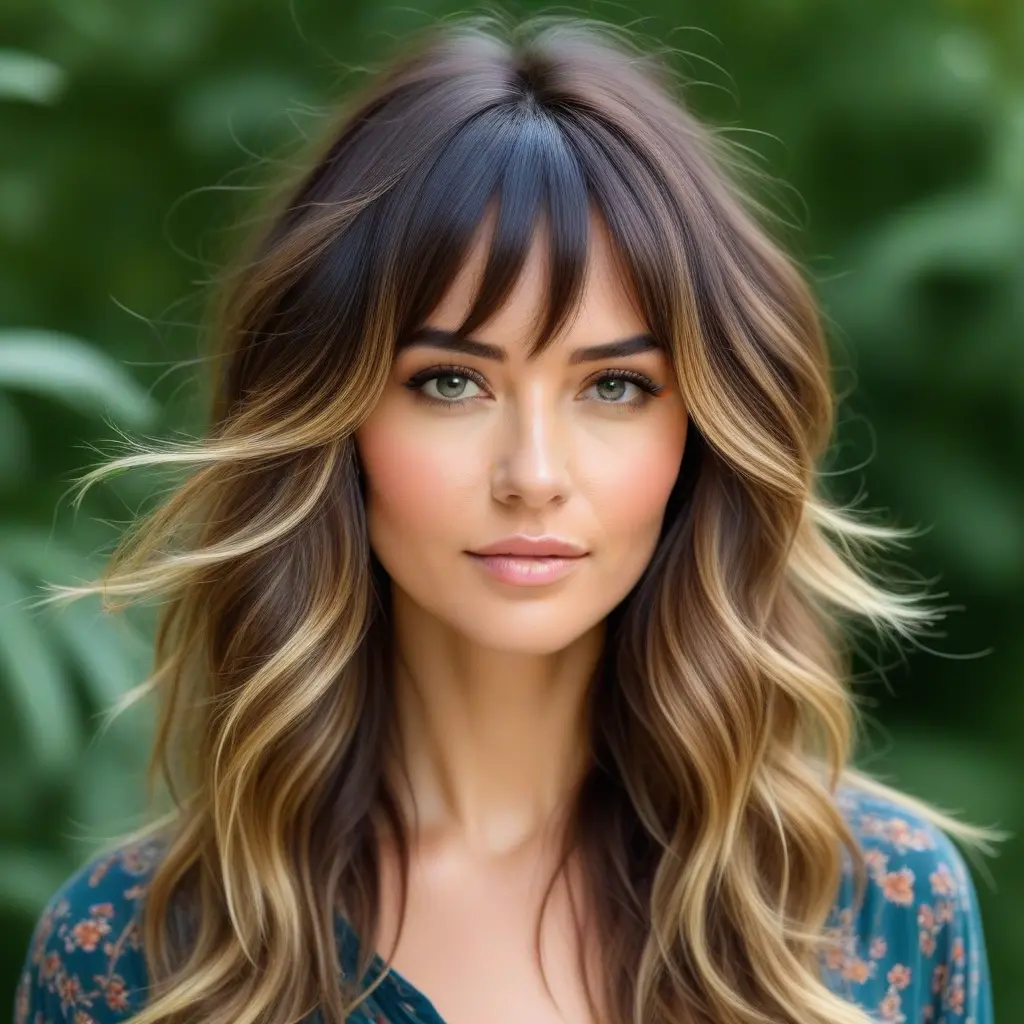 Boho Long Wolf Cut With Loose Curtain Bangs