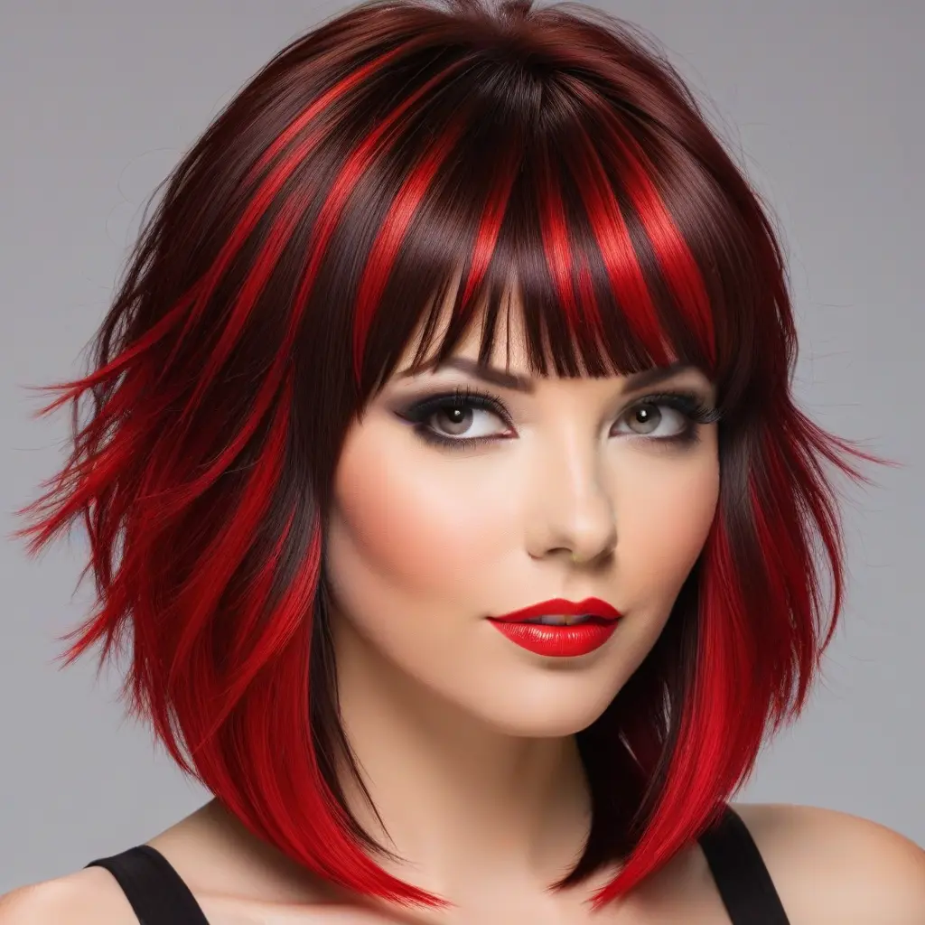 Candy Red Bangs on Chocolate Brown Wolf Cut Candy Red Bangs on Chocolate Brown Wolf Cut