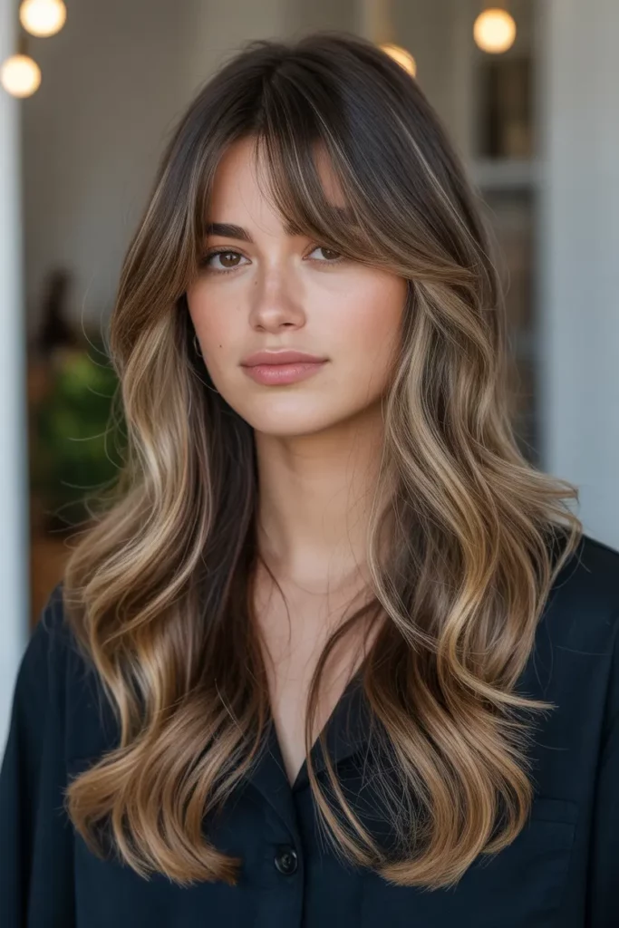 Caramel Highlights with Curtain Bangs