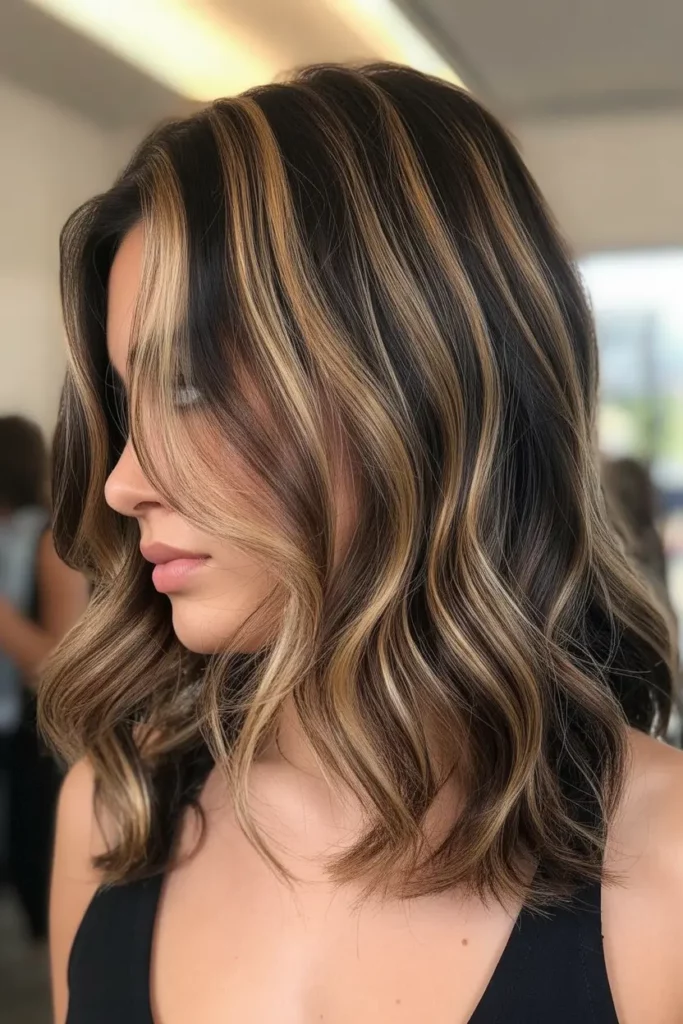 Chunky Caramel Highlights on Shoulder-Length Hair