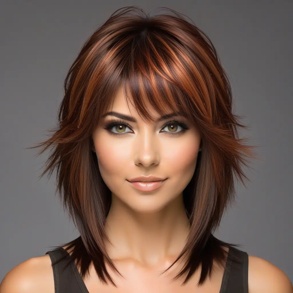 Copper Bangs on Mocha Brown Wolf Cut Copper Bangs on Mocha Brown Wolf Cut