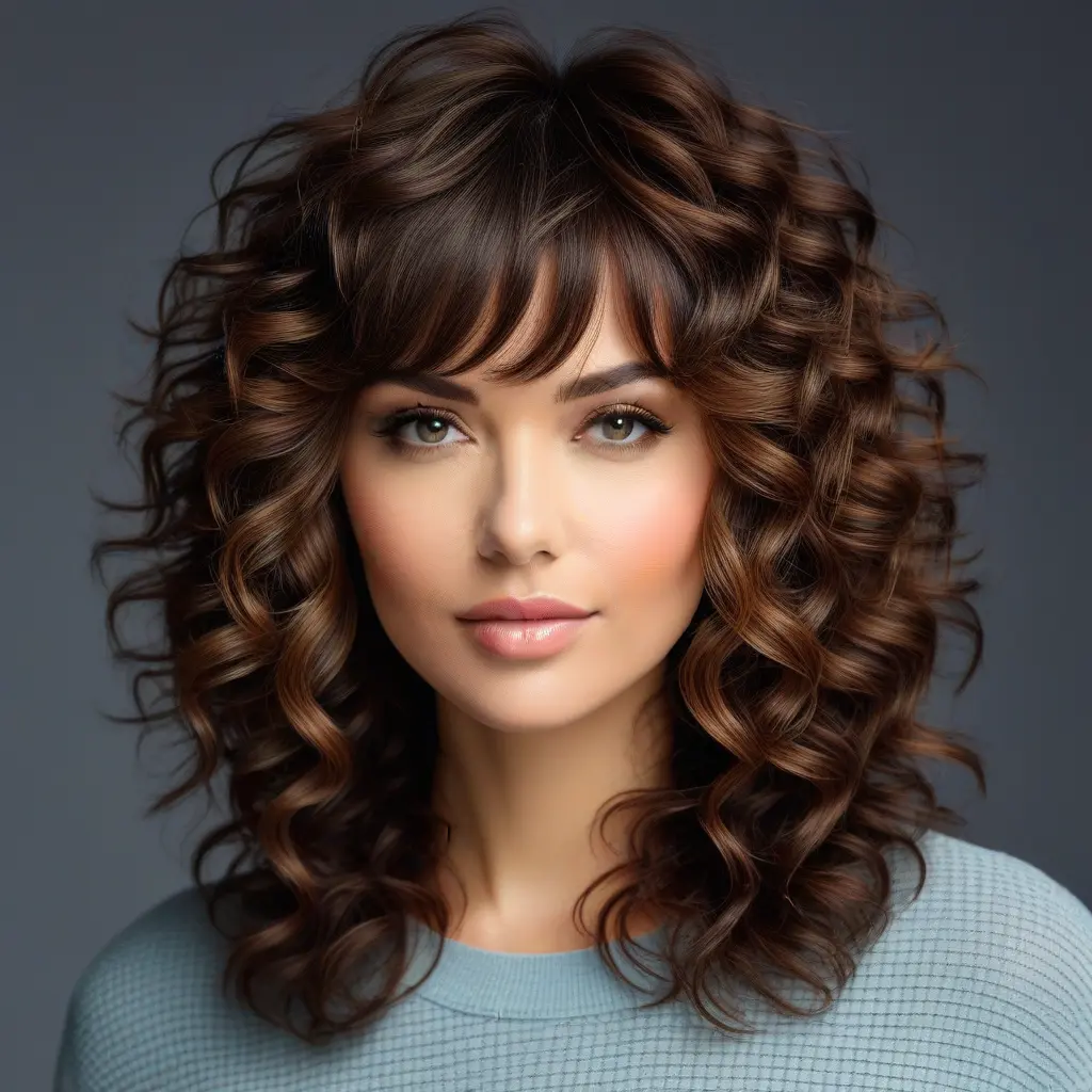 Curly Long Wolf Cut With Curtain Bangs