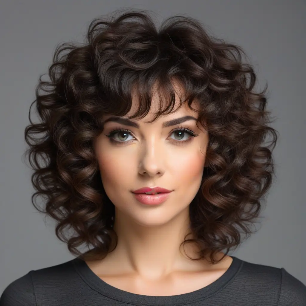 Curly Short Wolf Cut With Wide Curtain Bangs