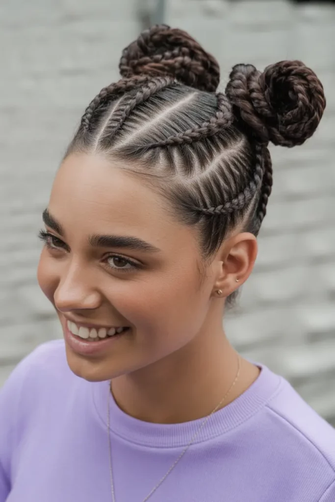 Double Swirl Cornrows With Space Buns