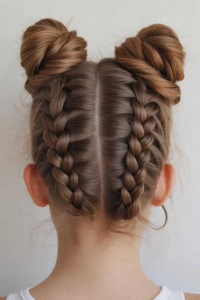 Dutch Braid Into Space Buns