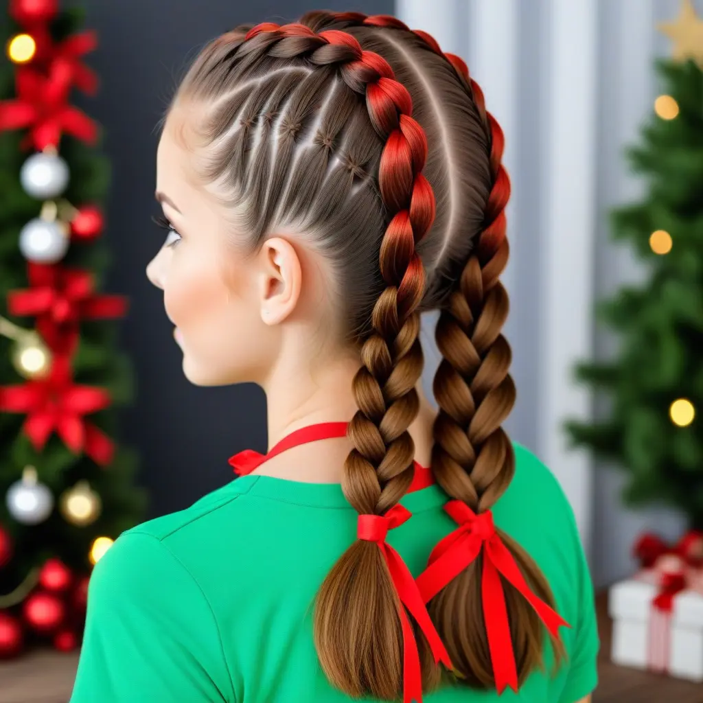Dutch Braids with Christmas Ribbons