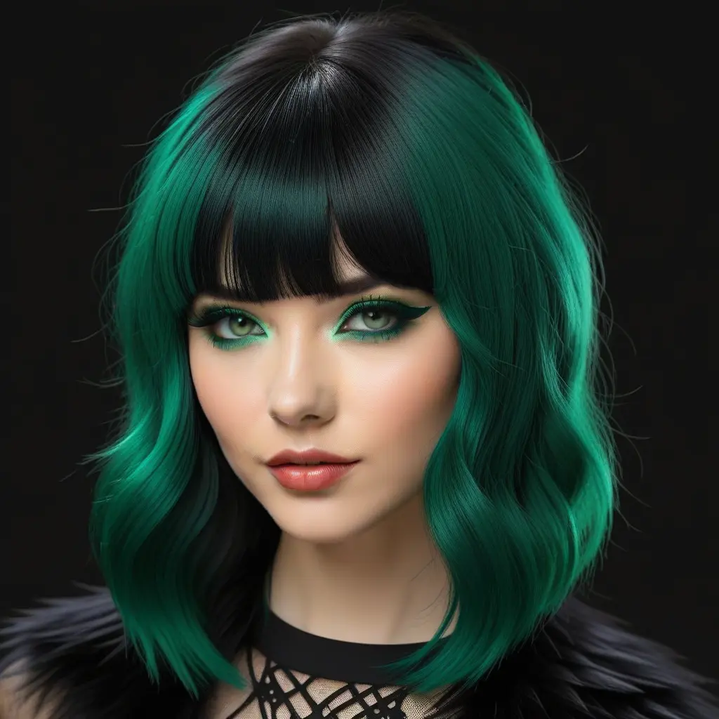 Emerald Green Bangs on Charcoal Wolf Cut Emerald Green Bangs on Charcoal Wolf Cut