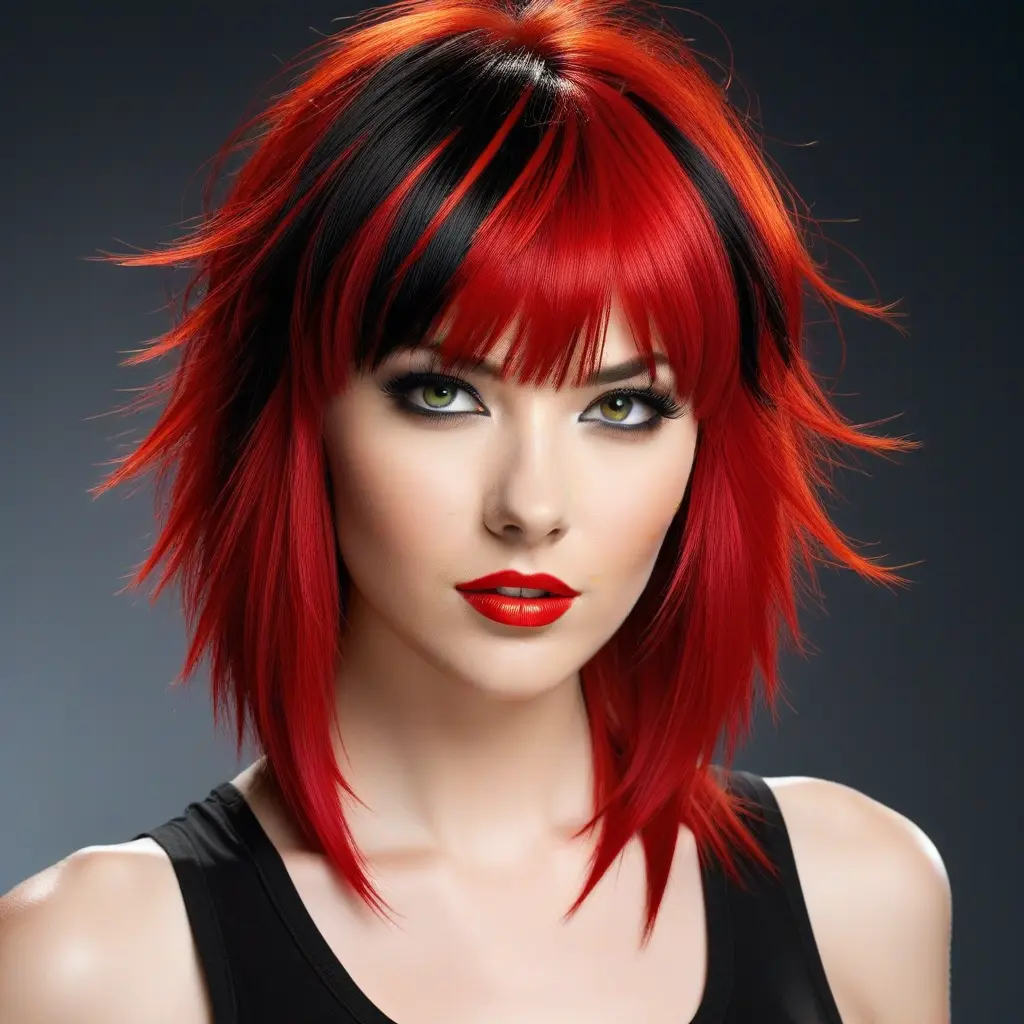 Fire-Red Bangs on Jet Black Wolf Cut Fire-Red Bangs on Jet Black Wolf Cut