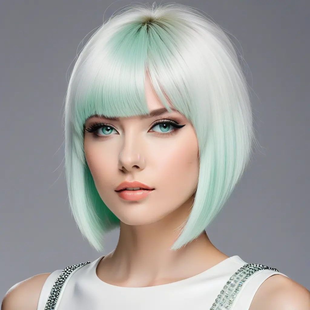 Frosted Mint Bangs on Pearl White Wolf Cut Frosted Mint Bangs on Pearl White Wolf Cut