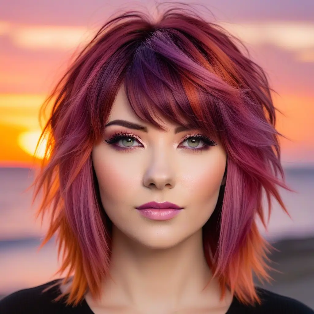 Gradient Sunset Bangs on Auburn Wolf Cut Gradient Sunset Bangs on Auburn Wolf Cut