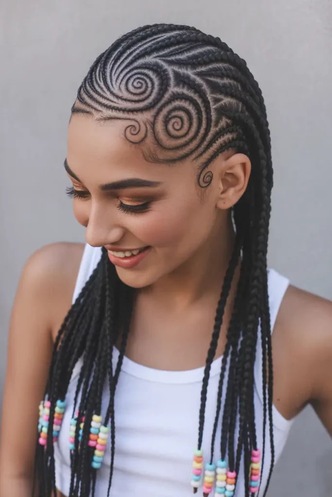 Half-Up Swirl Cornrows With Beads