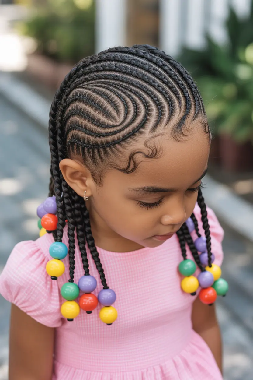 Kids’ Swirl Cornrows With Colorful Beads