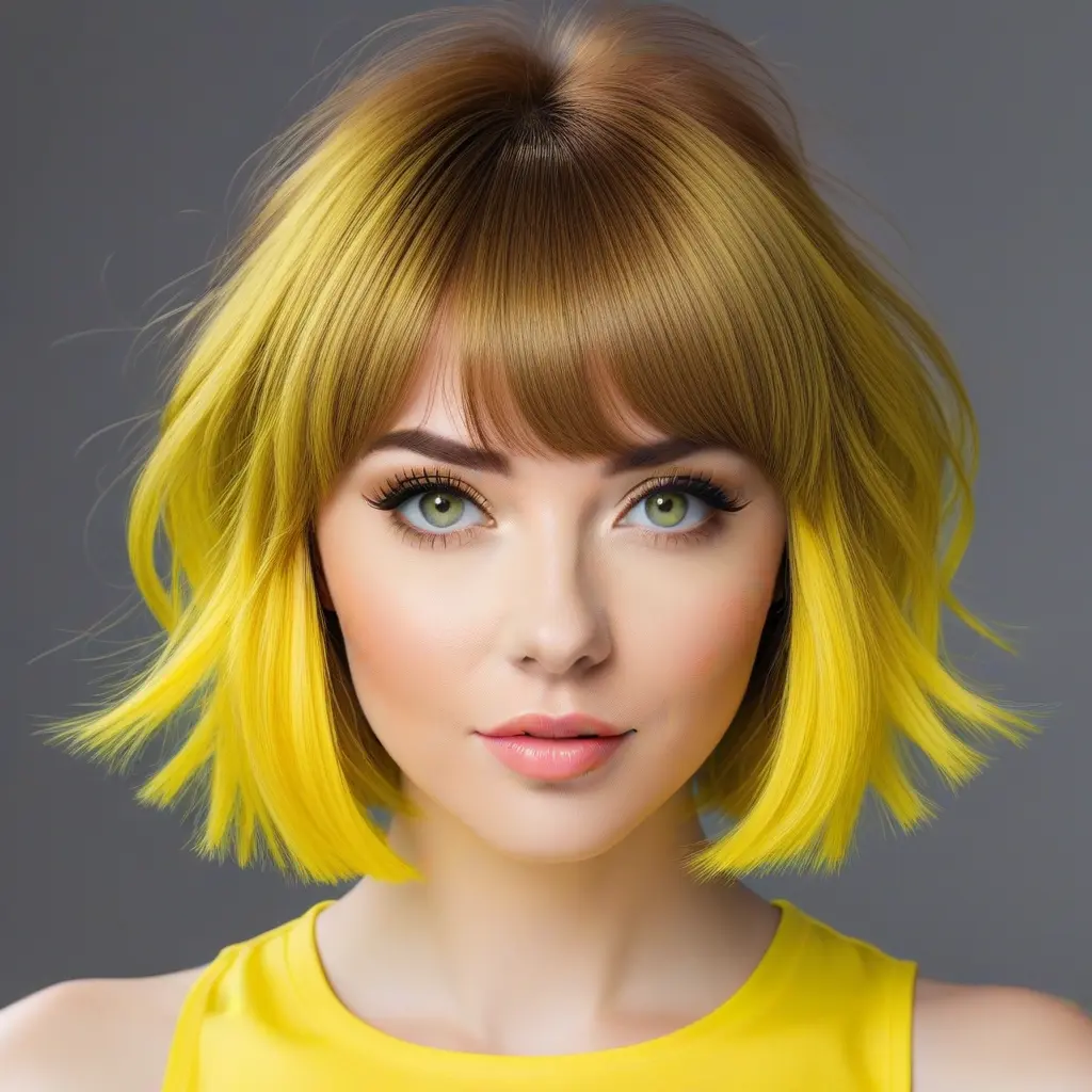 Lemon Yellow Bangs on Light Brunette Wolf Cut Lemon Yellow Bangs on Light Brunette Wolf Cut
