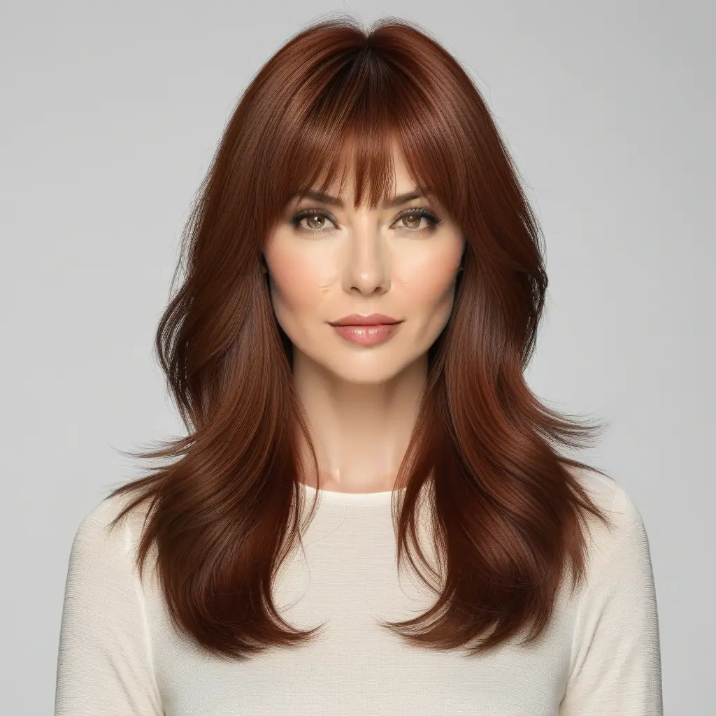 Long Auburn Wolf Cut With Feathered Curtain Bangs