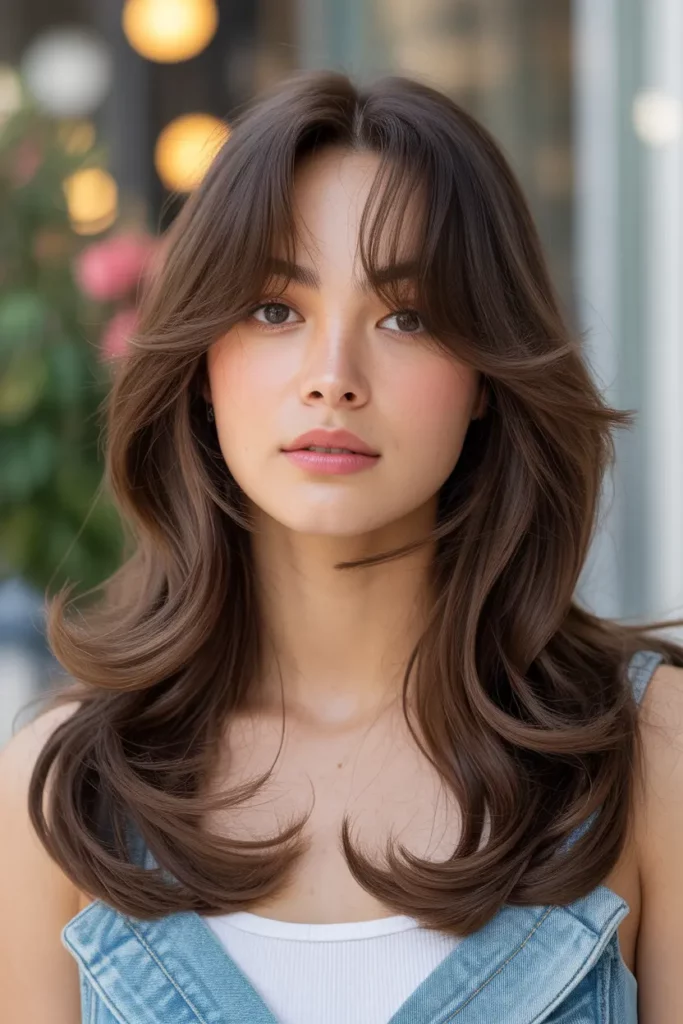 Long Layered Waves With Curtain Bangs