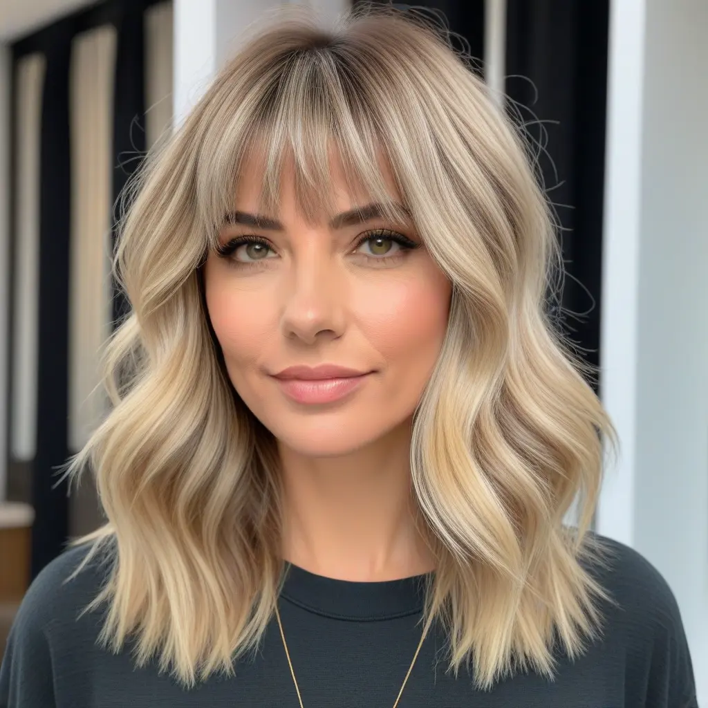 Long Wolf Cut With Blonde Balayage and Curtain Bangs