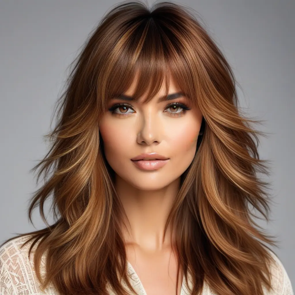 Long Wolf Cut With Caramel Tones and Breezy Curtain Bangs