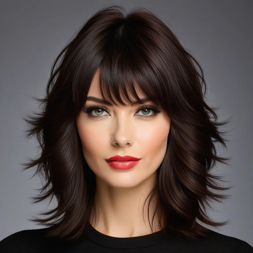 Long Wolf Cut With Flipped Out Curtain Bangs