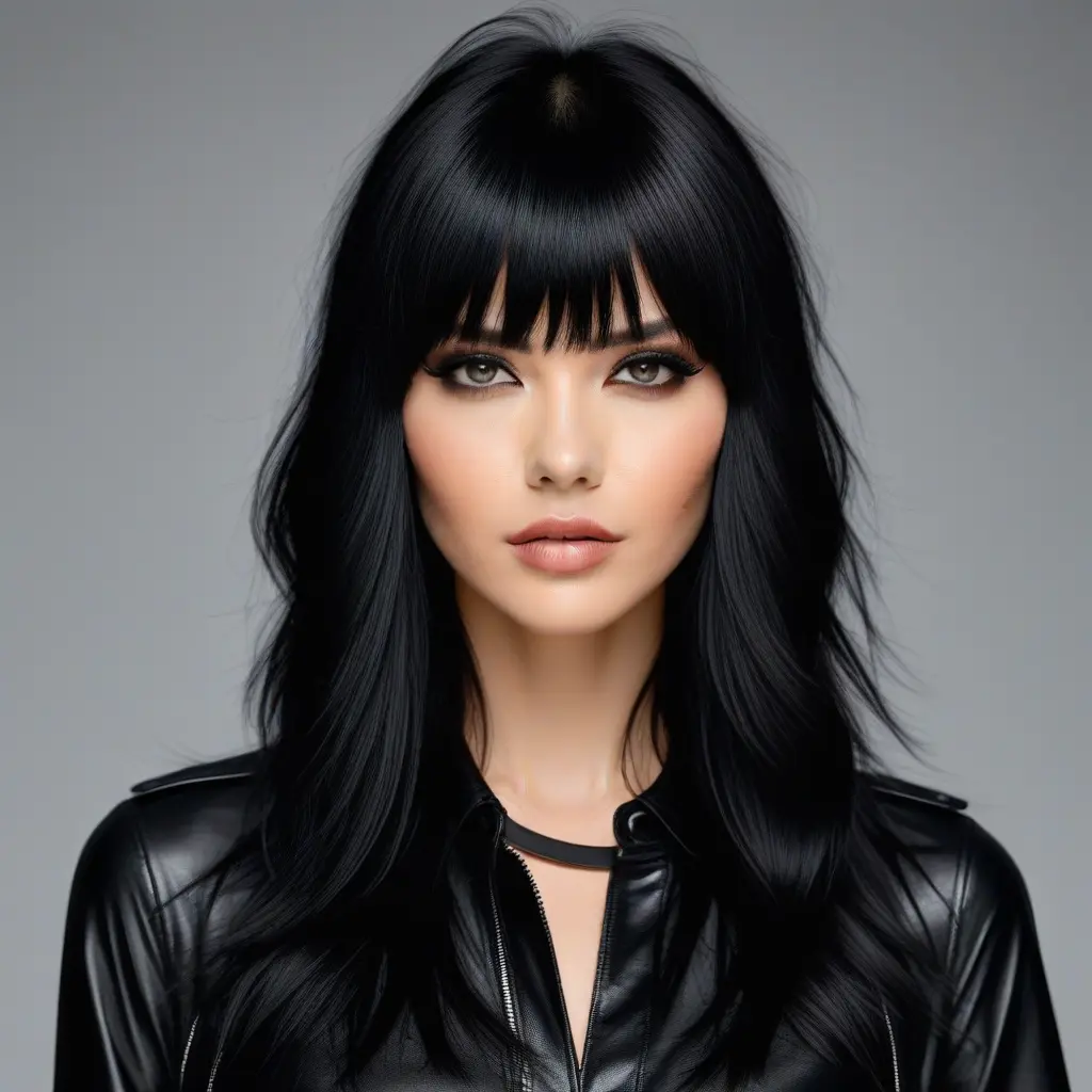 Long Wolf Cut With Jet Black Shine and Curtain Bangs