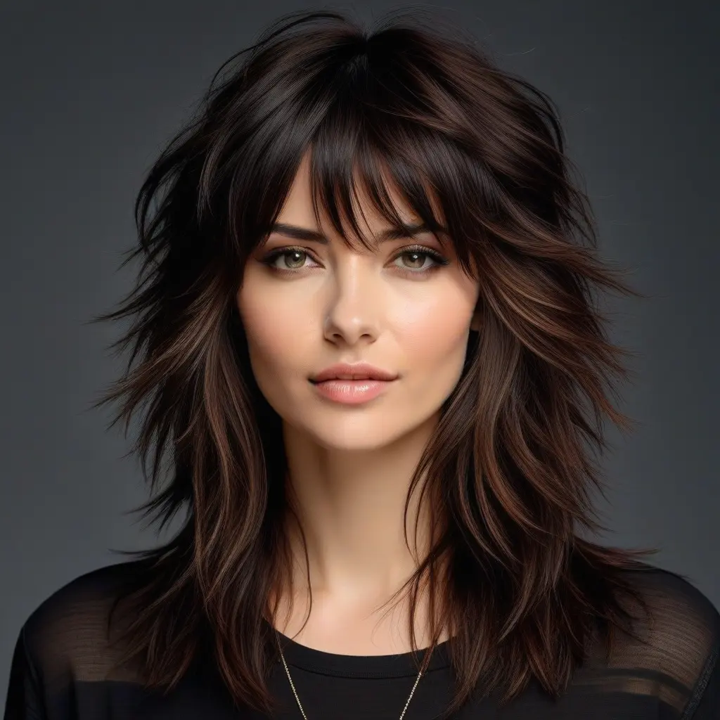 Long Wolf Cut With Messy Texture and Curtain Bangs