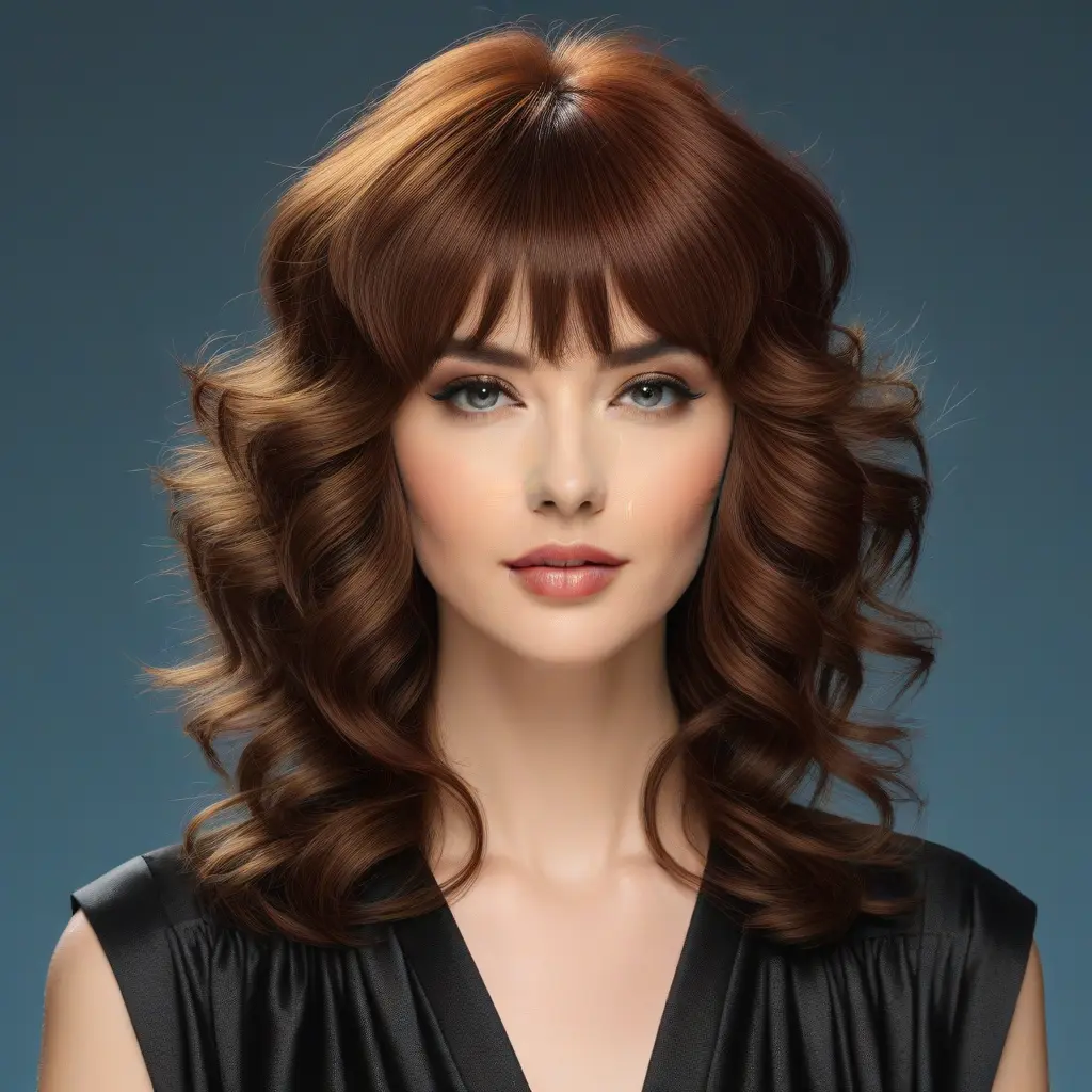 Long Wolf Cut With Soft Curls and Curtain Bangs