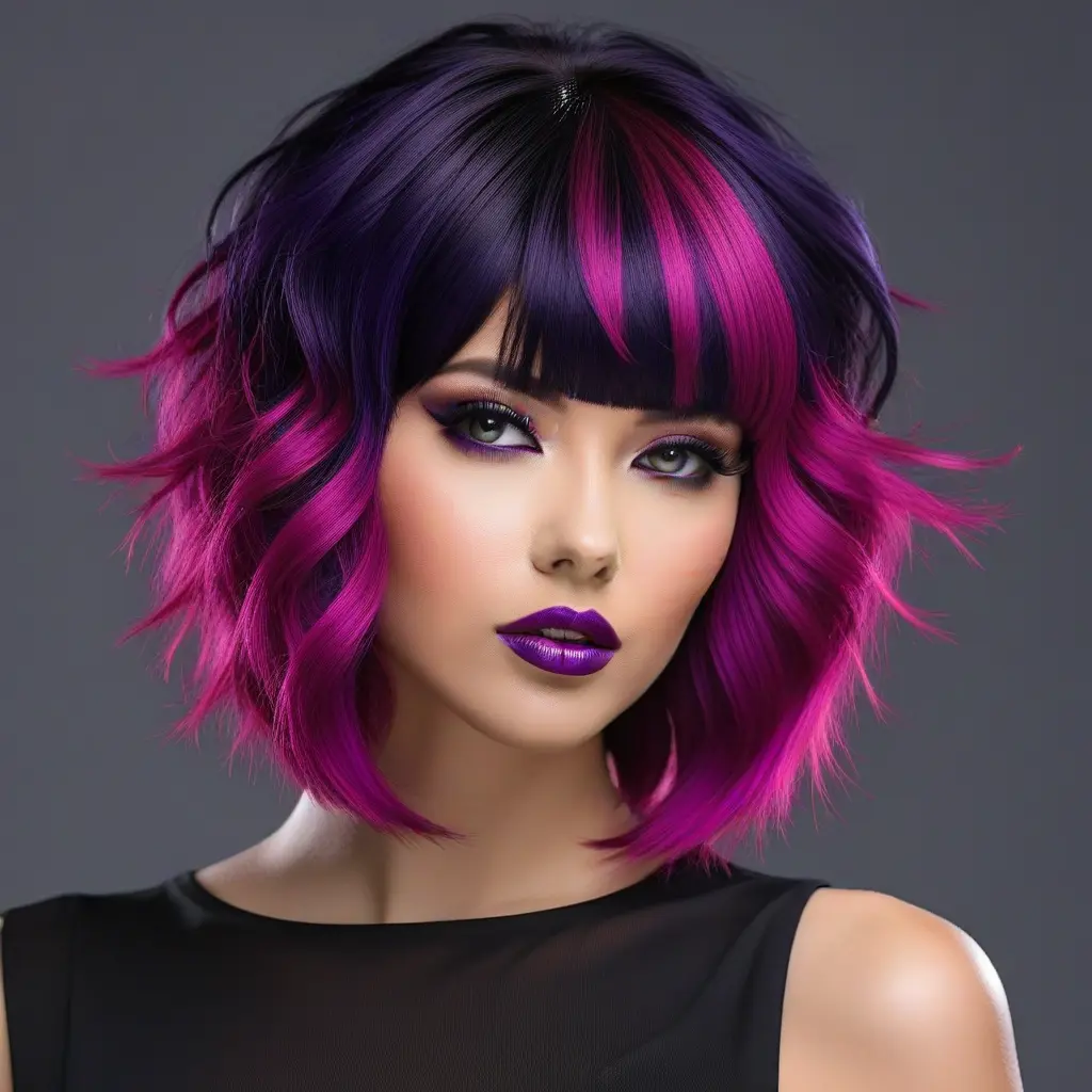Magenta Bangs on Soft Black Wolf Cut Magenta Bangs on Soft Black Wolf Cut