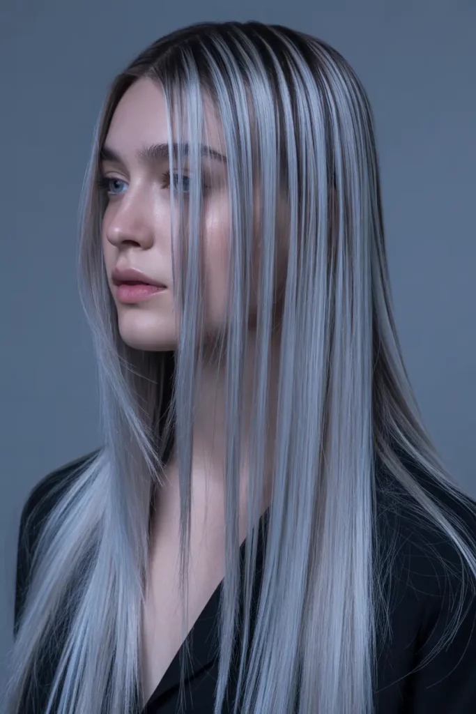 Metallic Silver Highlights on Long Straight Hair