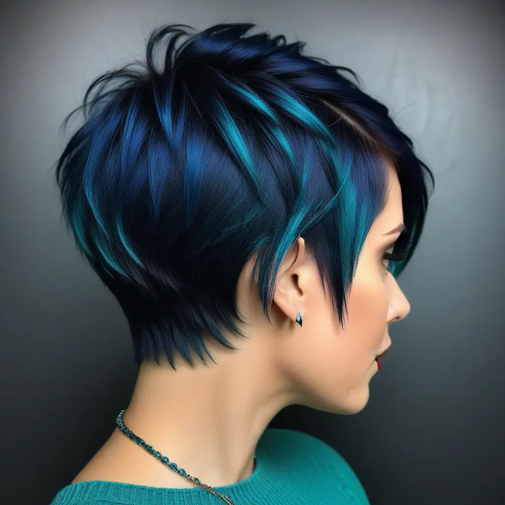 Midnight Blue and Teal Pixie Cut
