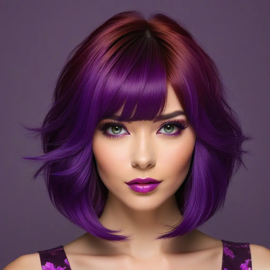 Orchid Purple Bangs on Chestnut Wolf Cut Orchid Purple Bangs on Chestnut Wolf Cut
