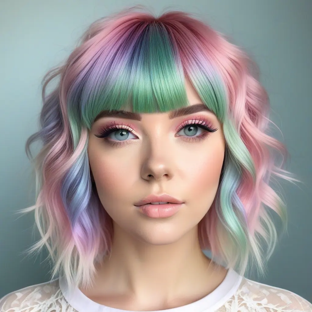 Pastel Rainbow Bangs on White Wolf Cut Pastel Rainbow Bangs on White Wolf Cut