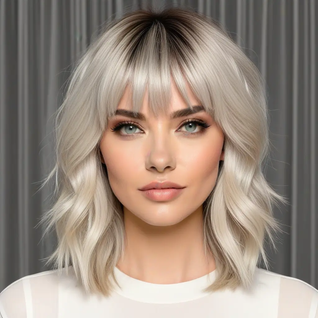 Platinum Blonde Long Wolf Cut With Feathered Curtain Bangs