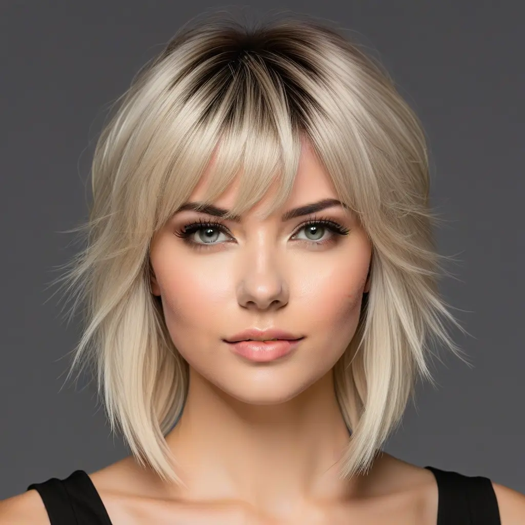 Rooted Blonde Wolf Cut With Feathered Bangs