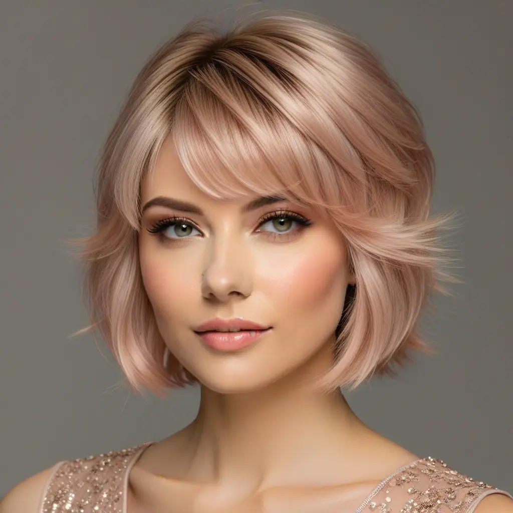 Rose Gold Bangs on Beige Blonde Wolf Cut Rose Gold Bangs on Beige Blonde Wolf Cut
