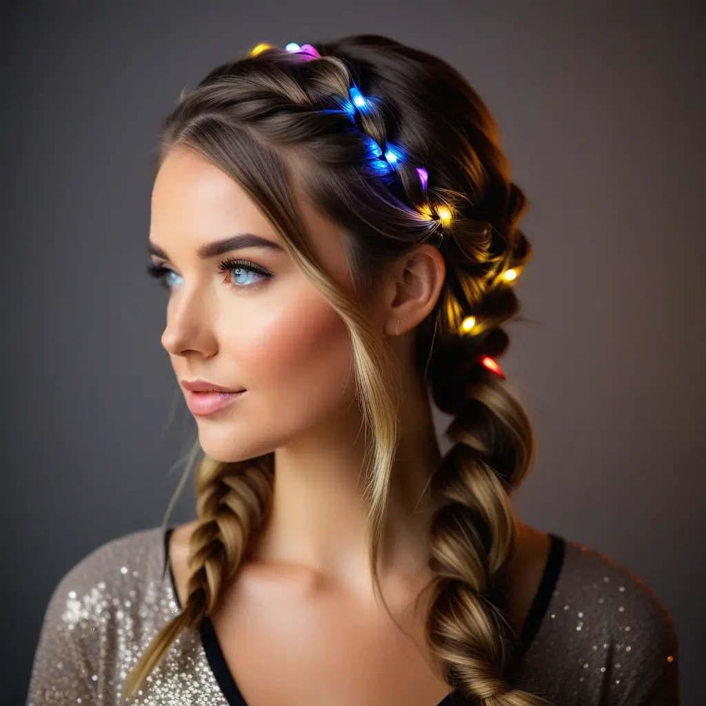 Side Braid with Christmas Lights Hair Clips