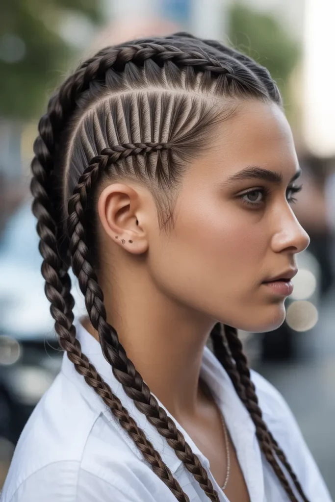 Side Shave with Double French Braids