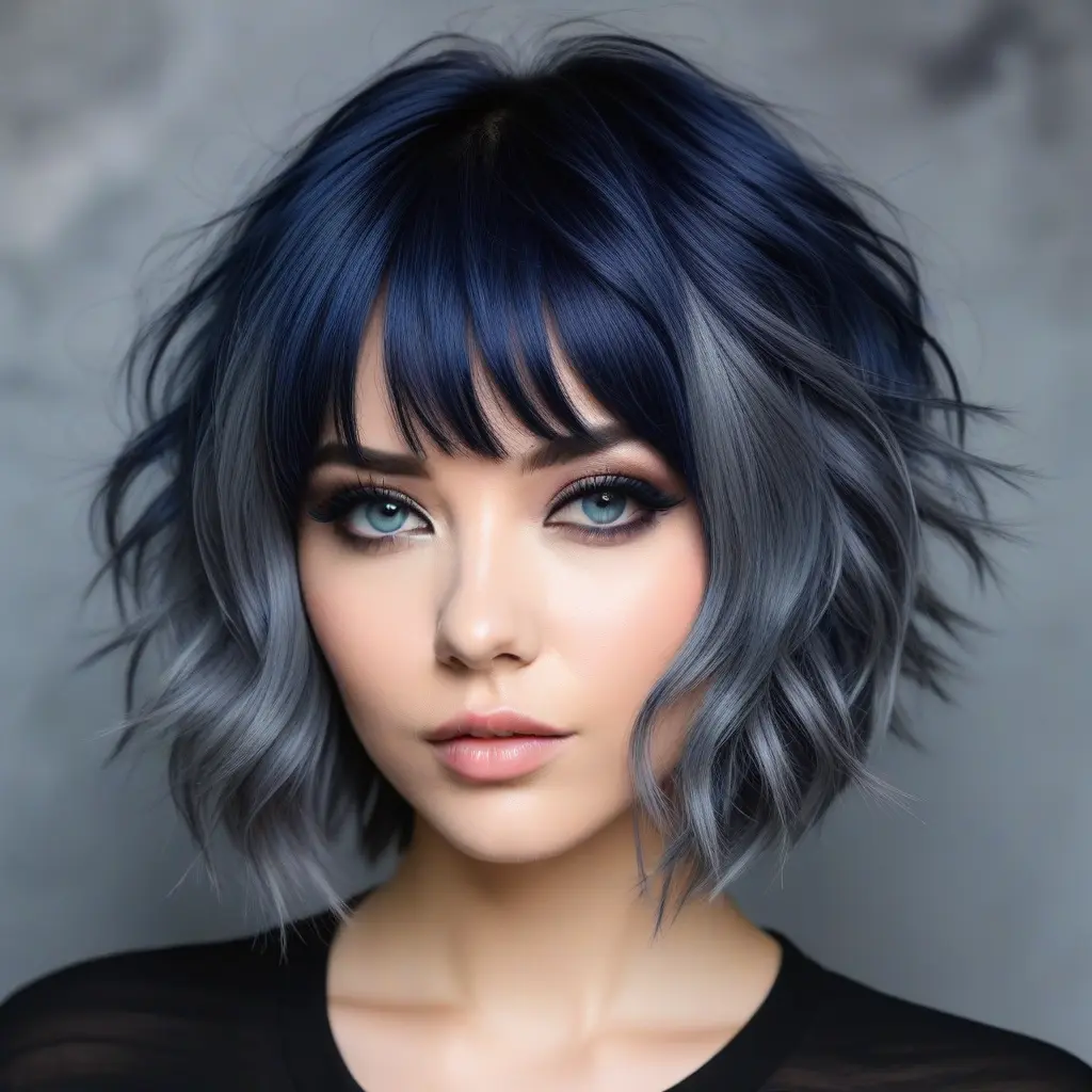 Smoky Gray Bangs on Deep Blue Wolf Cut Smoky Gray Bangs on Deep Blue Wolf Cut