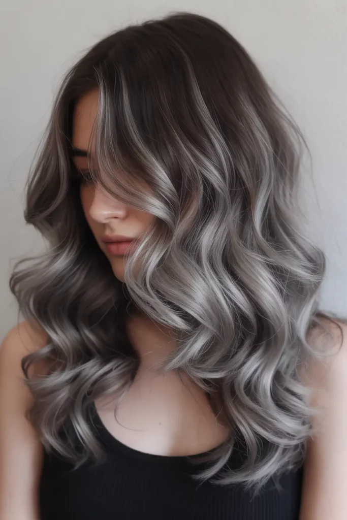 Smoky Silver Balayage for Dark Hair