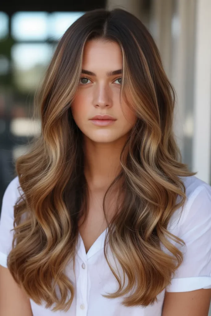 Soft Caramel Balayage on Long Waves