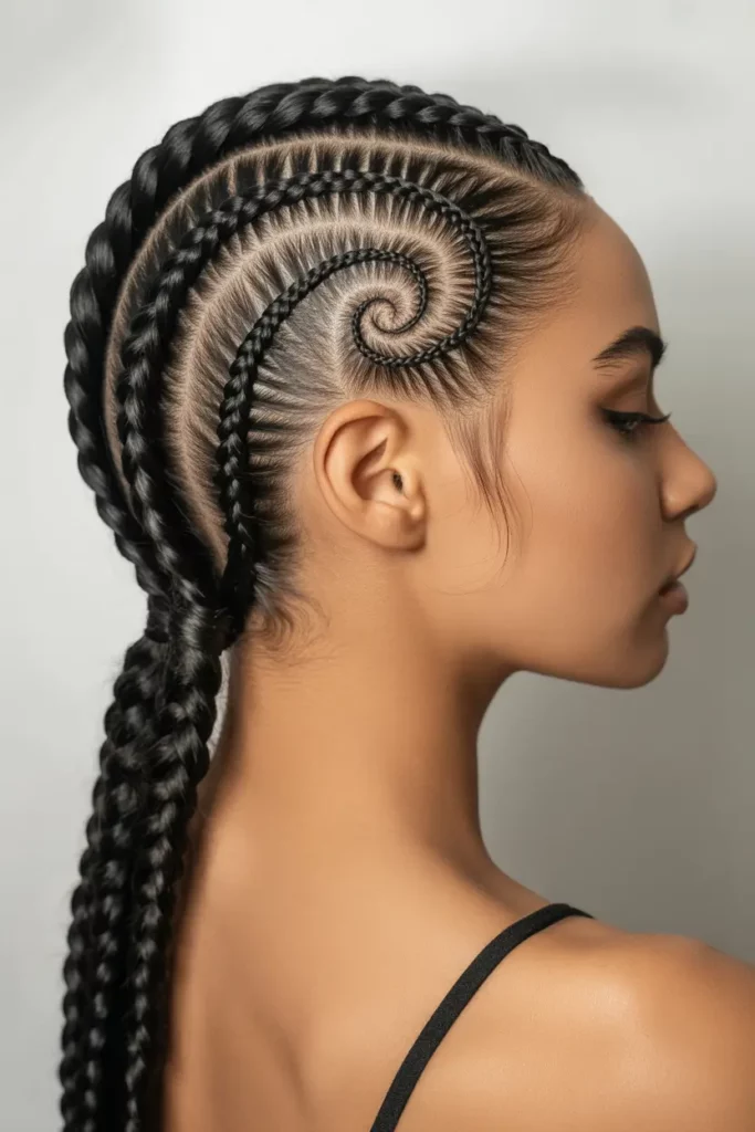 Swirl Cornrows Into a Braided Ponytail