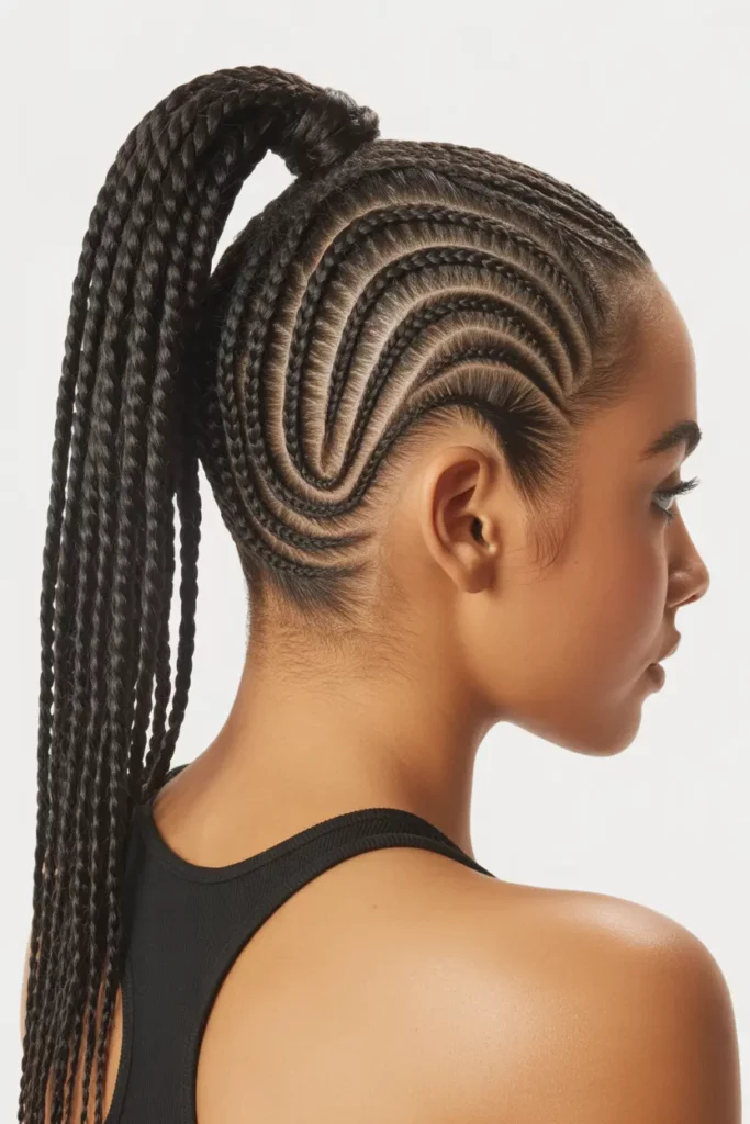 Swirl Cornrows Into a High Ponytail